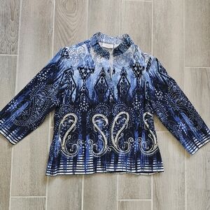 Chico’s Blue Paisley Artsy Evening Jacket Size 1-Med Elegant Resort Cruise Style